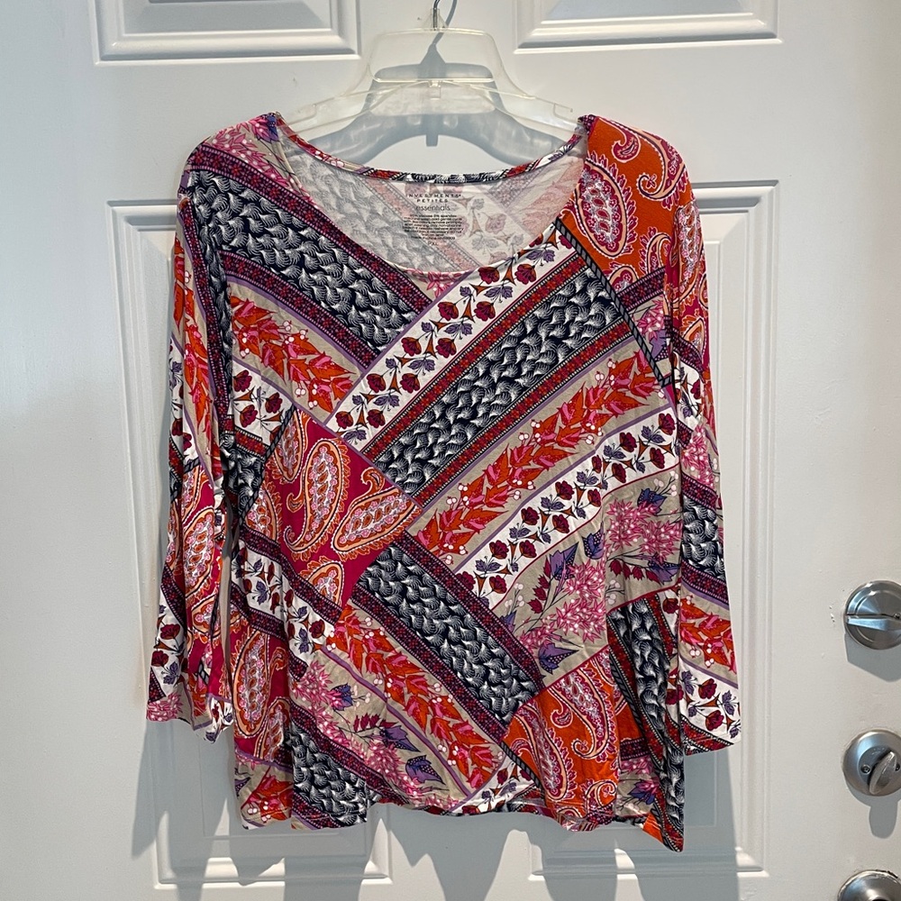 Investments Essentials Multicolor Boho Paisley Long Sleeve Top Size Petite XL